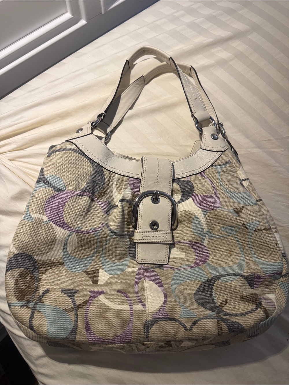 Coach Cream Canvas Hobo Bag with Purple & Blue Accents